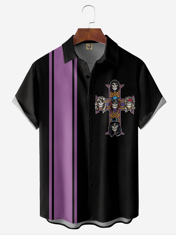 Rock Skull Chest Pocket Short Sleeve Bowling Shirt