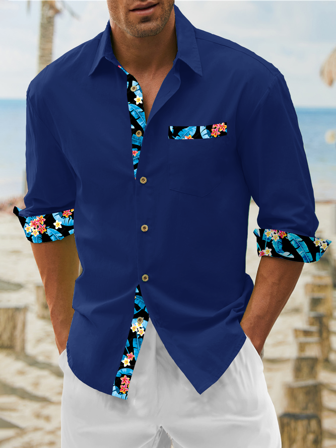 Hardaddy Cotton Contrast Floral Long Sleeve Casual Shirt
