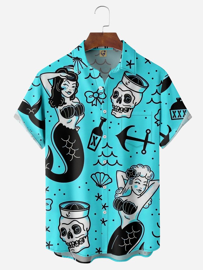 Hardaddy Big Size Mermaid Chest Pocket Short Sleeve Hawaiian Shirt
