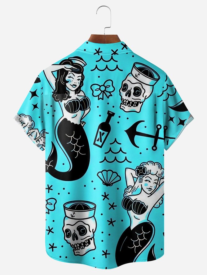 Hardaddy Big Size Mermaid Chest Pocket Short Sleeve Hawaiian Shirt