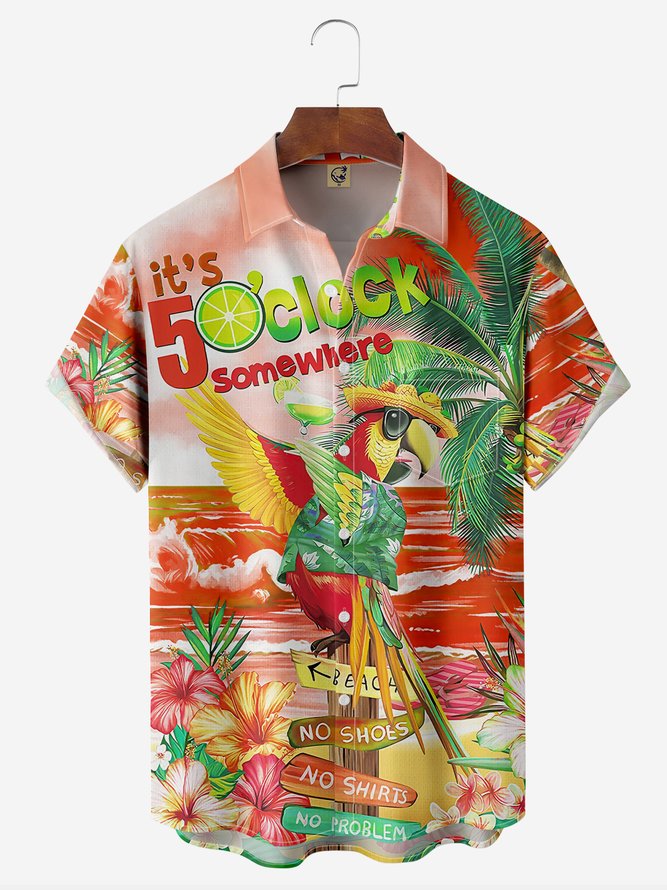 Hardaddy Party Shirts It's 5 O'Clock Somewhere Parrot Chest Pocket Short Sleeve Hawaiian Shirt