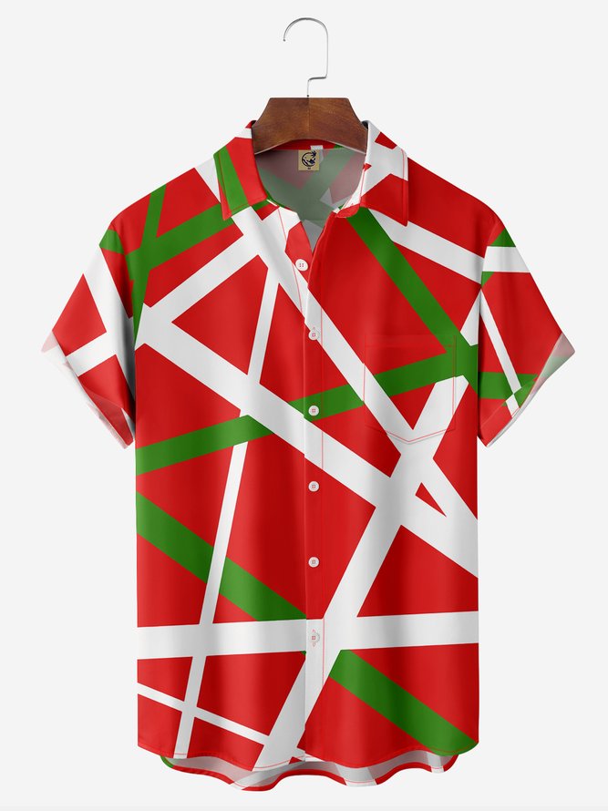 Hardaddy Geometric Lines Chest Pocket Short Sleeve Casual Shirt