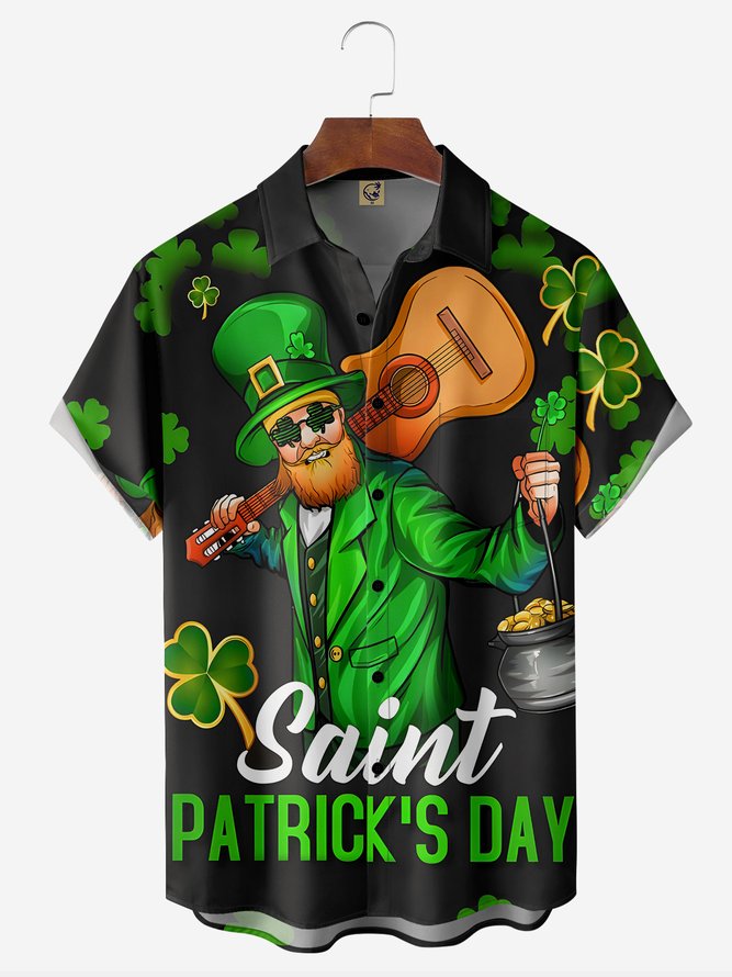 Hardaddy Hawaiian Button Up Shirt for Men Green St. Patrick's Day Lucky Clover Gold Coins Music Guitar Regular Fit Short Sleeve Shirt St Paddy's Day Shirt