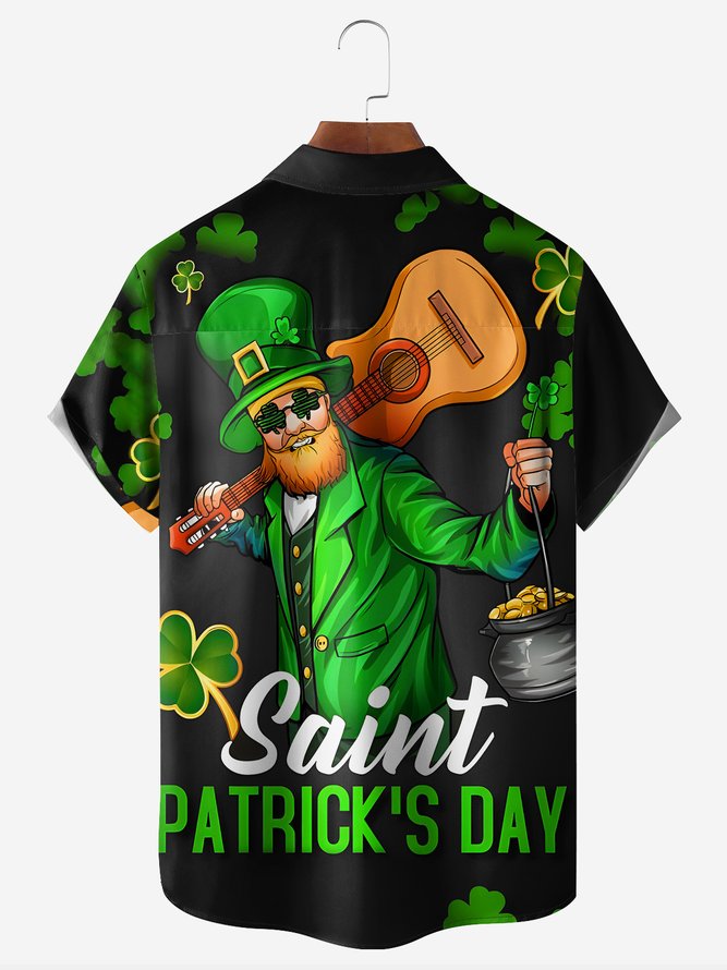 Hardaddy Hawaiian Button Up Shirt for Men Green St. Patrick's Day Lucky Clover Gold Coins Music Guitar Regular Fit Short Sleeve Shirt St Paddy's Day Shirt