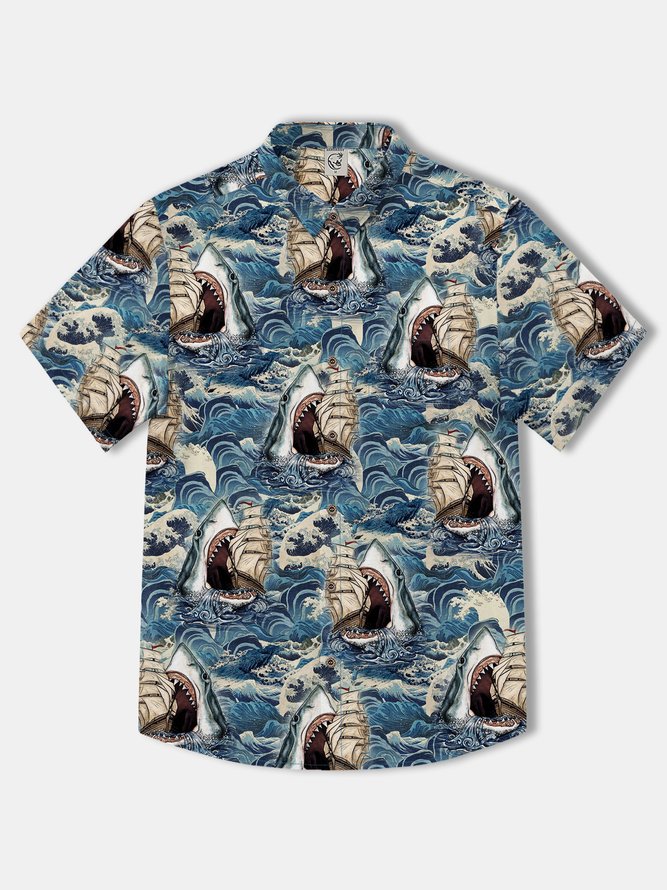 Retro Ukiyo-e Shark Cotton Shirt
