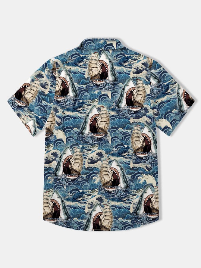 Retro Ukiyo-e Shark Cotton Shirt