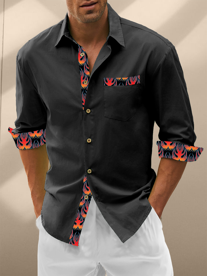 Hardaddy Cotton Patchwork Flame Print Chest Pocket Long Sleeved Shirt