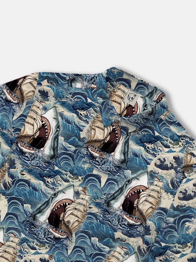 Retro Ukiyo-e Shark Cotton Shirt