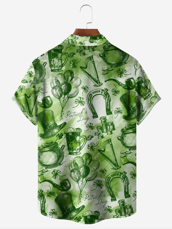 Hardaddy Hawaiian Button Up Shirt for Men Green St. Patrick's Day Lucky Clover Gold Coins Beer Regular Fit Short Sleeve Shirt St Paddy's Day Shirt