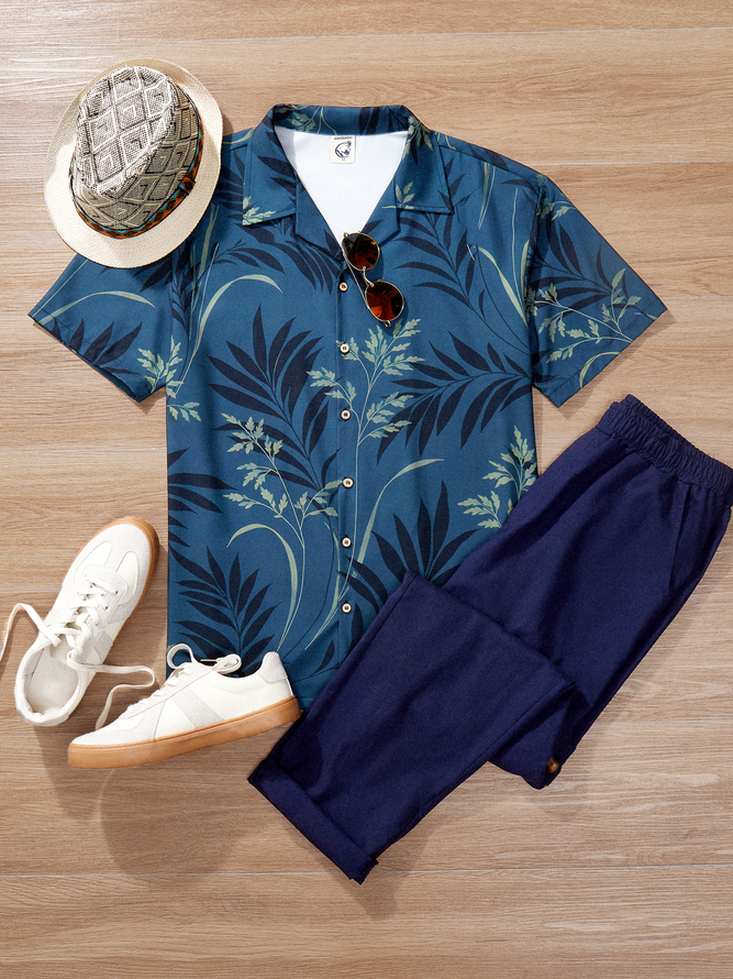 Hardaddy Palm Tree Leaf Shirt Men Summer Leaf Vacation Micro-Elasticity Daily Short Sleeve Regular H-Line Camp Collar Aloha Shirts
