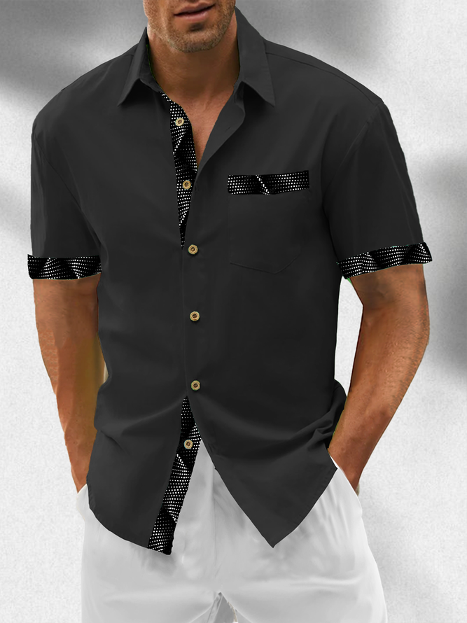 Hardaddy Cotton Plain Patchwork Contrasting Geometric Casual Shirt