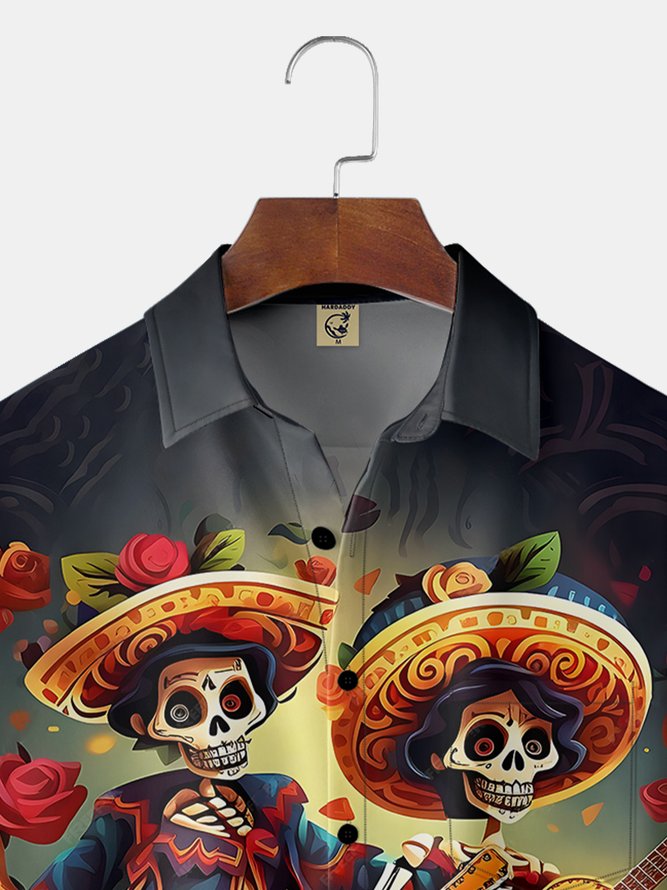 Moisture-wicking Cinco de Mayo Skeleton Chest Pocket Hawaiian Shirt