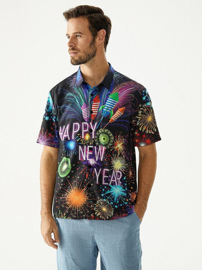 Hardaddy New Year Chest Pocket Short Sleeve Casual Shirt
