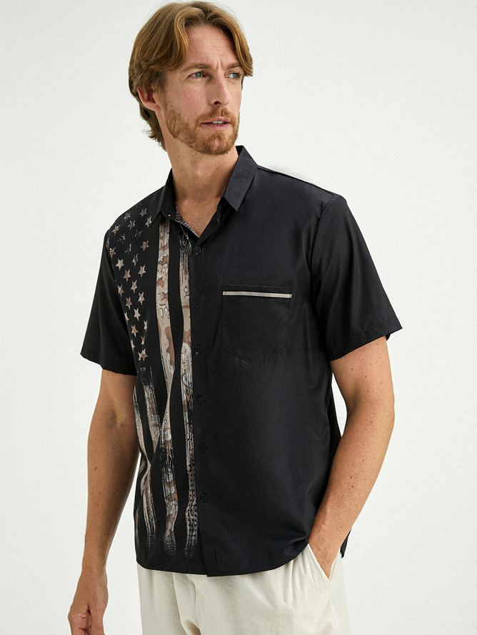 Hardaddy Mens American Flag Print Lapel Loose Short Sleeve Trendy Hawaiian Shirt