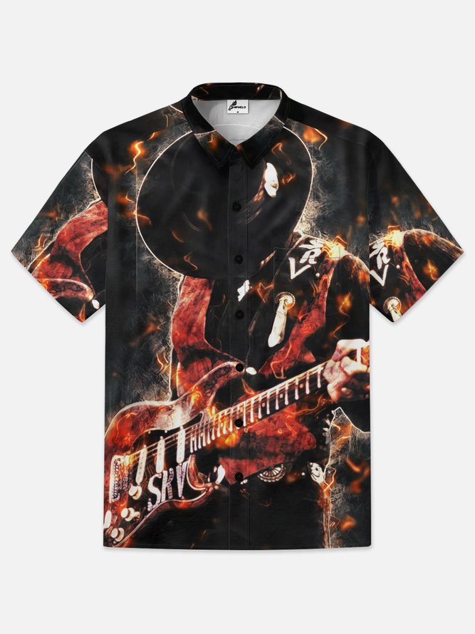 Moisture-wicking Rock Roll Band Guitar Chest Pocket Casual Shirt
