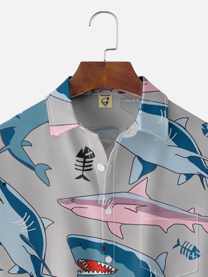 Moisture-wicking Funny Shark Illustration Chest Pocket Hawaiian Shirt
