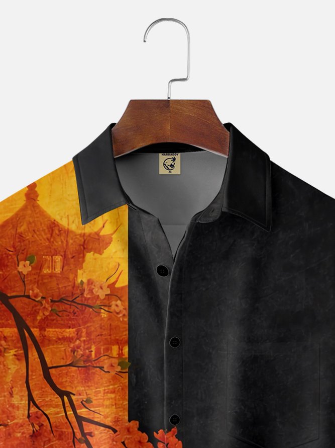 Moisture-wicking Japanese Architecture Sakura Chest Pocket Bowling Shirt