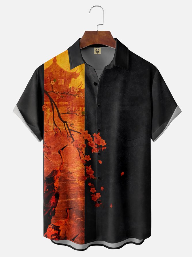 Moisture-wicking Japanese Architecture Sakura Chest Pocket Bowling Shirt
