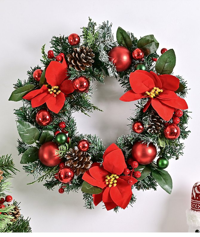 Christmas Wreath Door Berry Pine Cone Wreath with Red Bow Christmas Front Door Wreath Artificial Christmas Wreath with Christmas Balls and Pine
