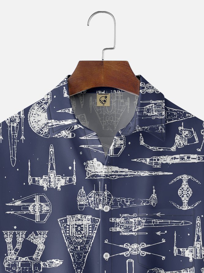 Hardaddy Mens Aerospace Machine Print Casual Breathable Short Sleeve Hawaiian Shirt