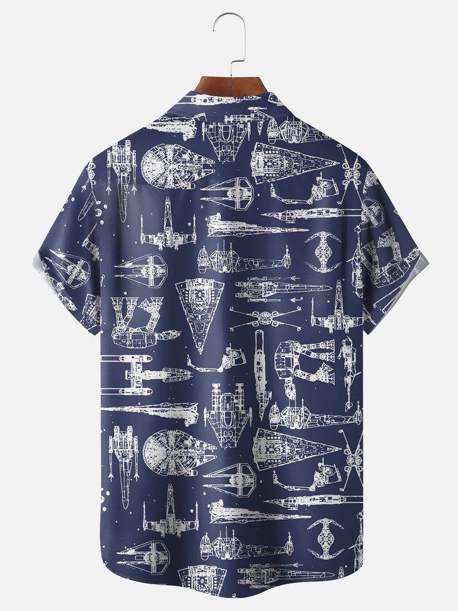 Hardaddy Mens Aerospace Machine Print Casual Breathable Short Sleeve Hawaiian Shirt