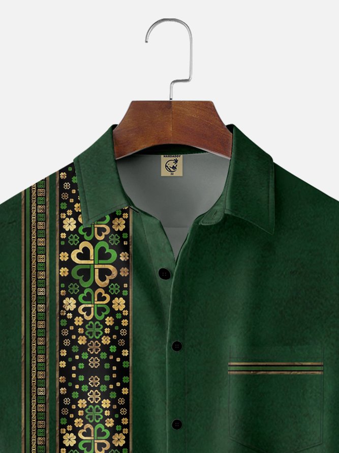 Moisture-wicking St. Patrick's Day Four Leaf Clover Stripe Chest Pocket Bowling Shirt