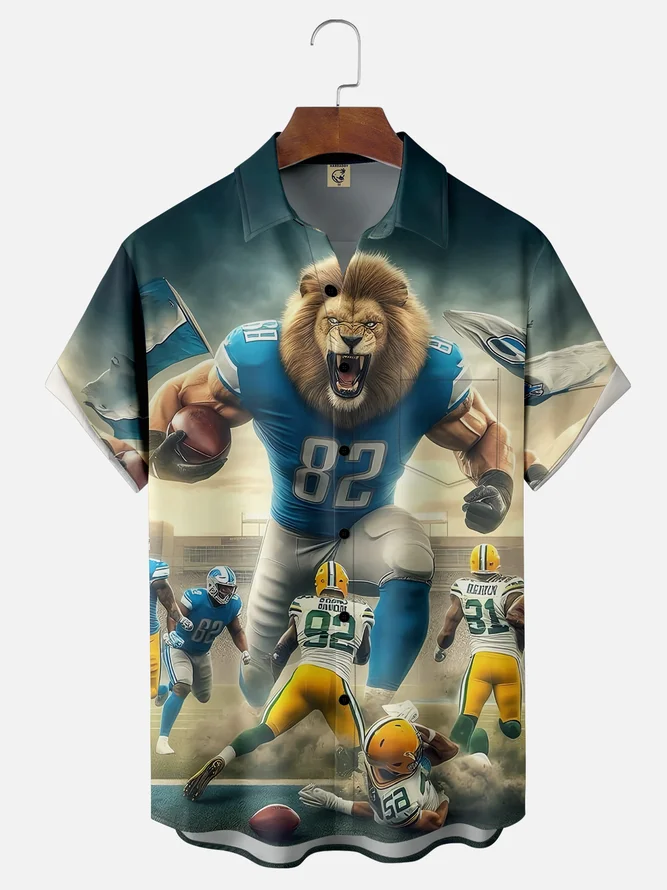 Moisture-wicking American Football Detroit Art Lions Chest Pocket Casual Shirt