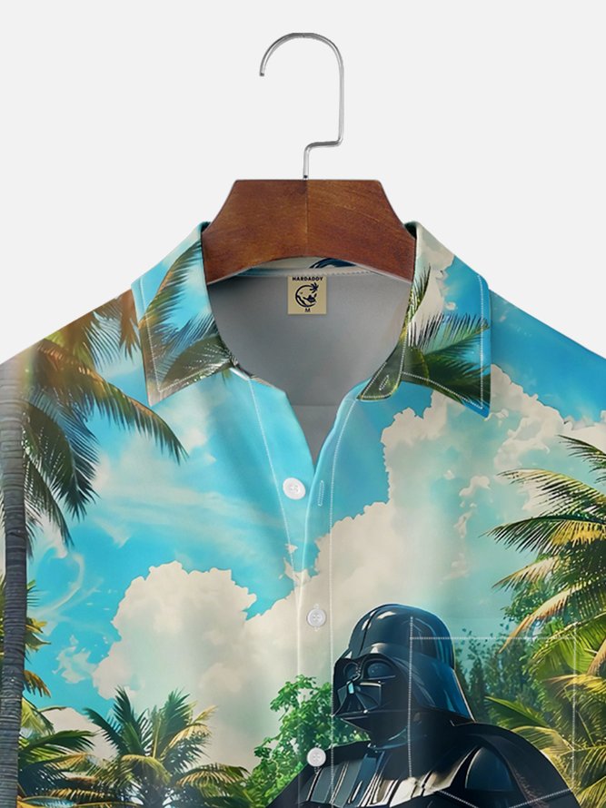 Moisture-wicking Star Swimming Pool Coconut Trees Chest Pocket Casual Shirt