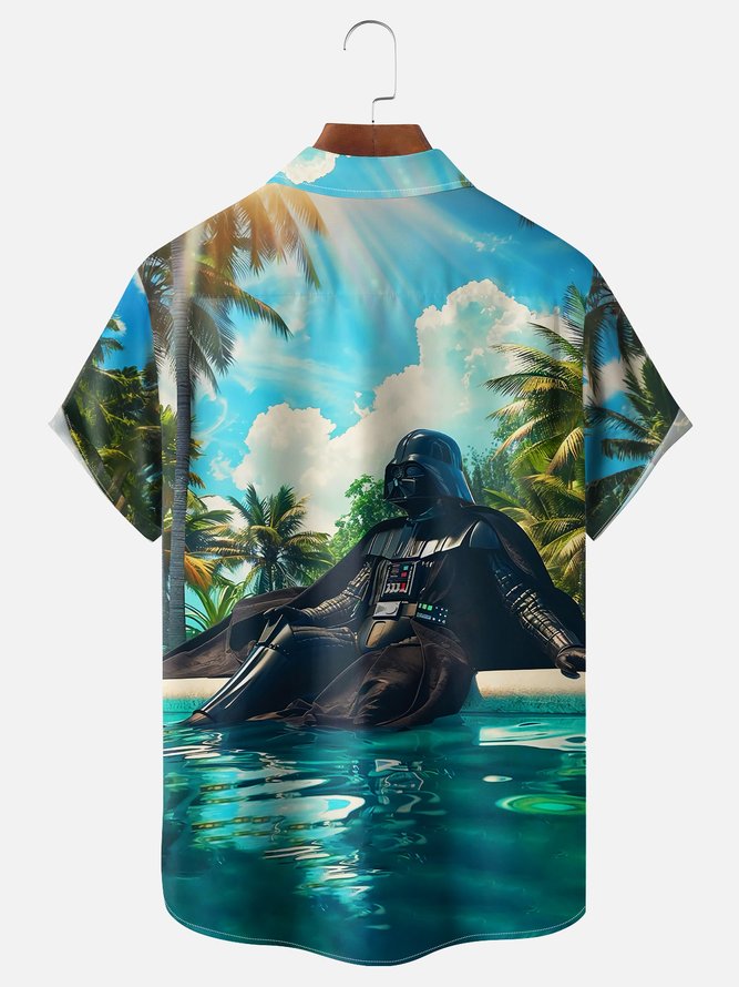 Moisture-wicking Star Swimming Pool Coconut Trees Chest Pocket Casual Shirt