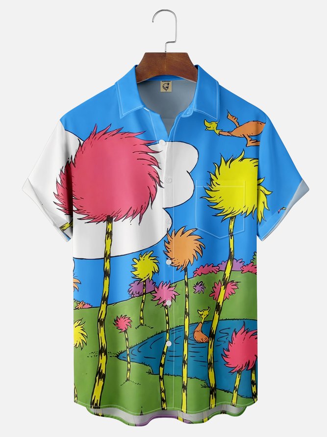 Tall Size Moisture-wicking Seuss Art Illustration Young Chest Pocket Casual Shirt
