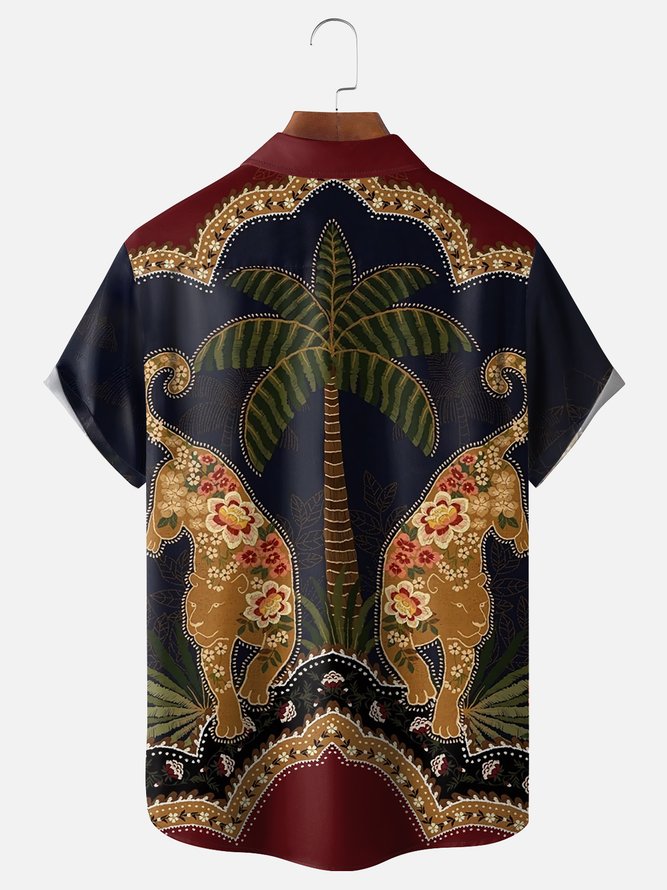Moisture-wicking Classic Retro Art Leopard Print Avant-garde Chest Pocket Hawaiian Shirt
