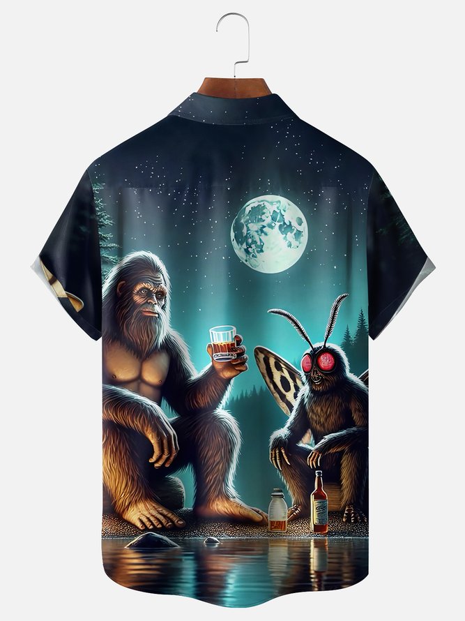Moisture-wicking Bigfoot Mothman Drinking Fun Art Chest Pocket Hawaiian Shirt