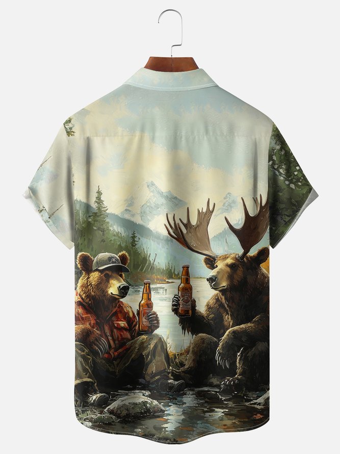 Moisture Wicking Outdoor Camp Camping Bear Elk Chest Pocket Hawaiian Shirt