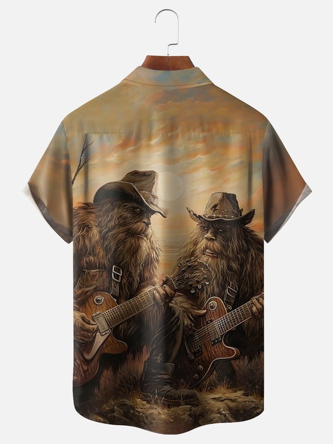 Moisture-wicking Bigfoot Playing Guitar Fun Art Chest Pocket Hawaiian Shirt