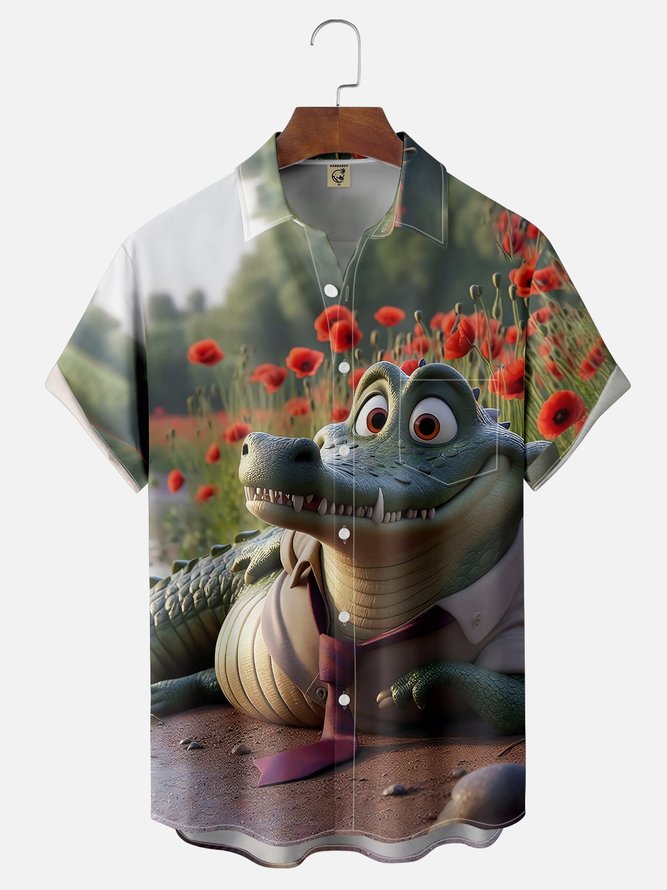 Moisture-wicking Funny Off-duty Crocodile Chest Pocket Hawaiian Shirt