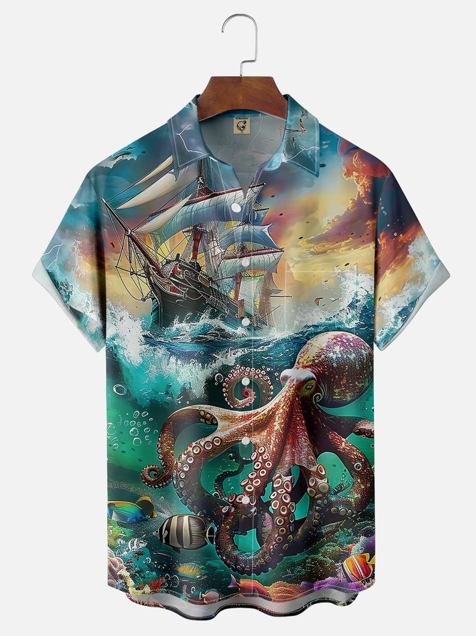 Moisture-wicking Ocean Art Octopus Pirate Ship Chest Pocket Hawaiian Shirt