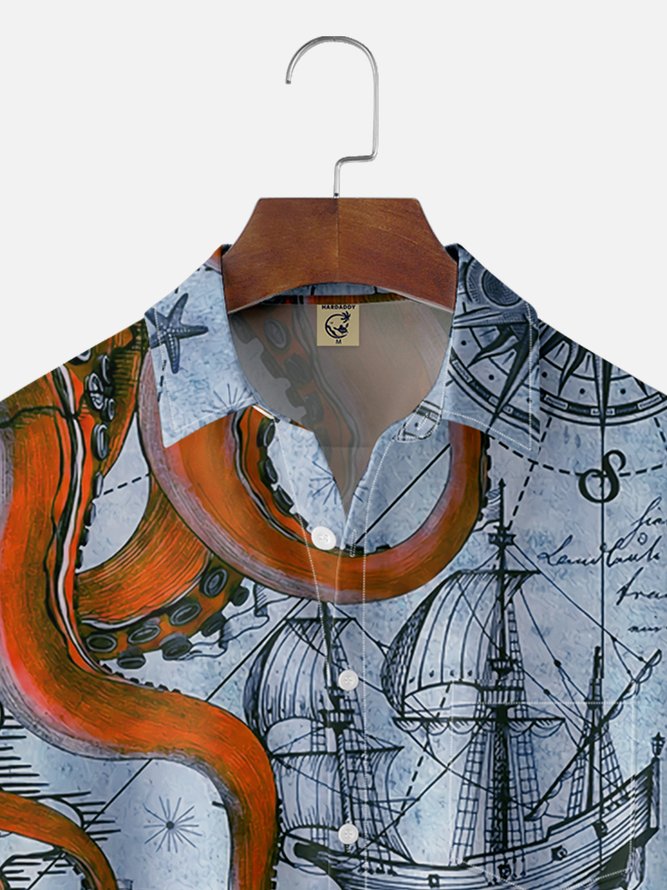 Moisture Wicking Hawaiian Octopus Map Chest Pocket Casual Shirt
