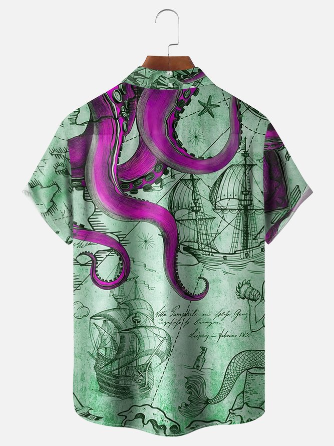 Moisture Wicking Hawaiian Octopus Map Chest Pocket Casual Shirt