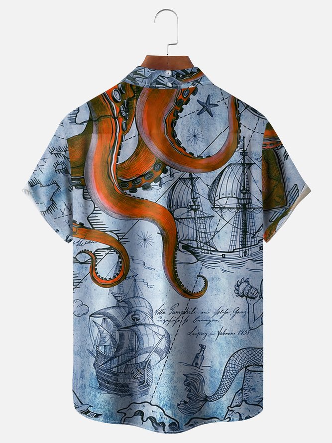 Moisture Wicking Hawaiian Octopus Map Chest Pocket Casual Shirt