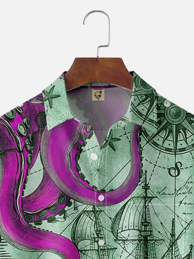 Moisture Wicking Hawaiian Octopus Map Chest Pocket Casual Shirt