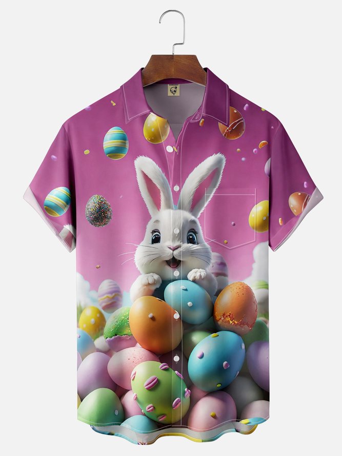 Moisture-wicking Easter Rabbit Eggs Chest Pocket Casual Shirt
