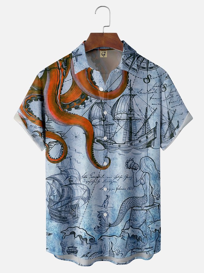 Moisture Wicking Hawaiian Octopus Map Chest Pocket Casual Shirt