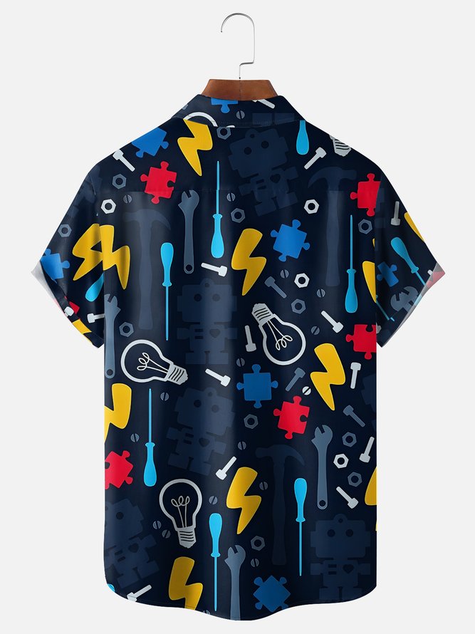 Moisture-wicking Robot Fun Smart Lightning Chest Pocket Casual Shirt