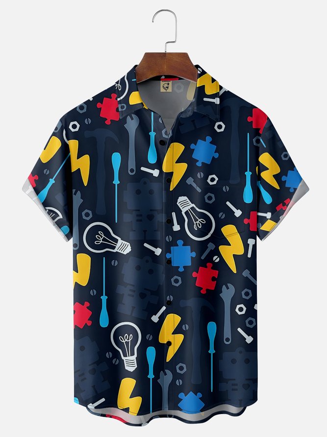 Moisture-wicking Robot Fun Smart Lightning Chest Pocket Casual Shirt