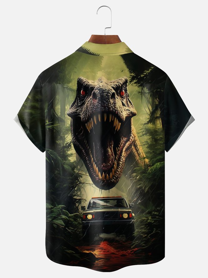 Moisture-wicking Dinosaur Art Fun Chest Pocket Hawaiian Shirt