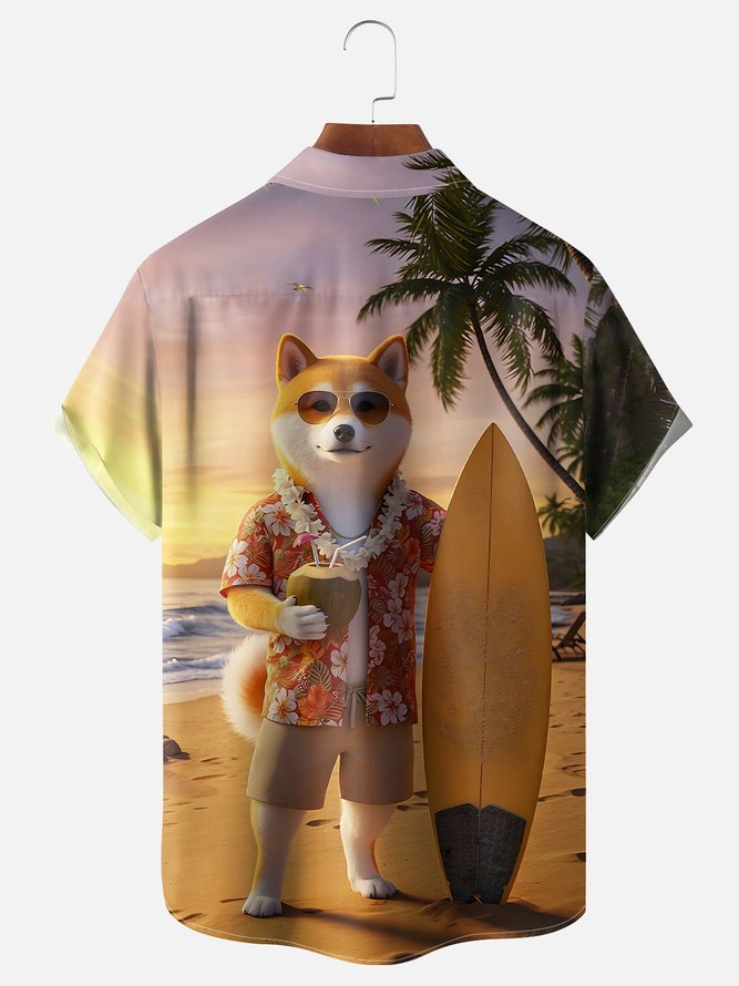 Moisture-wicking Shiba Inu Beach Vacation Fun Chest Pocket Hawaiian Shirt