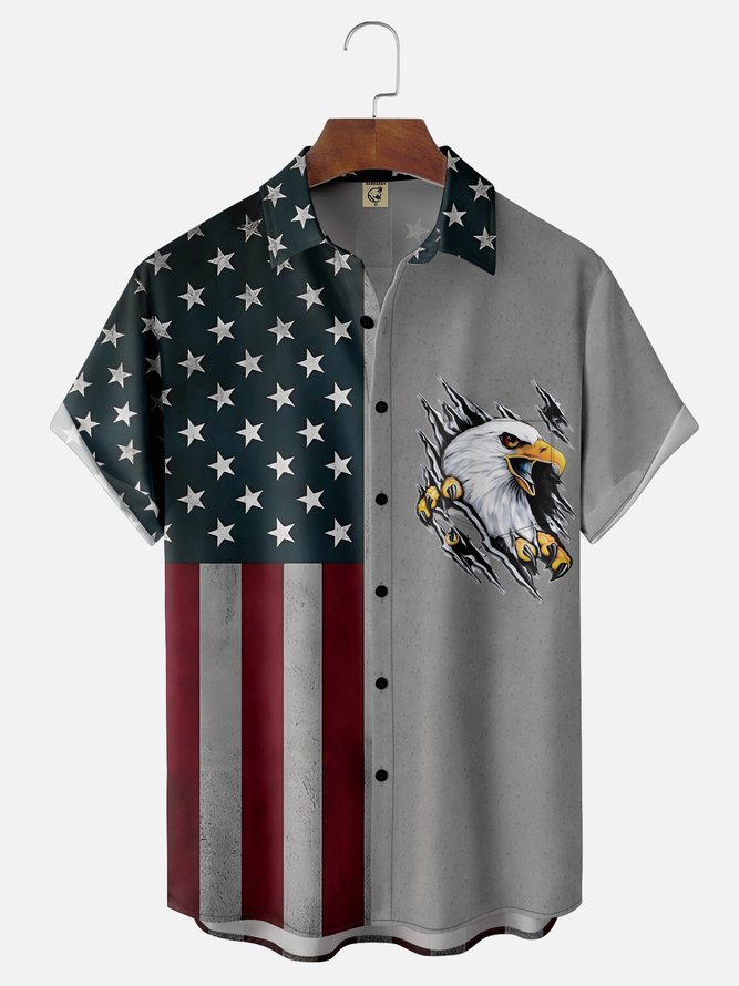 Hardaddy Moisture-wicking Memorial Day American Flag American Eagle Chest Pocket Casual Shirt