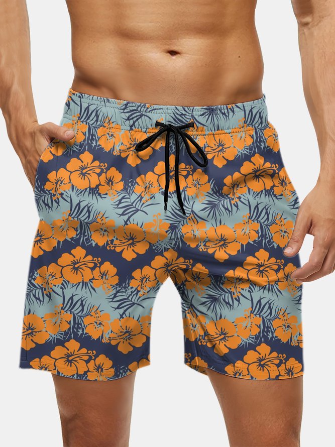 Men's Swim Trunks Hawaiian Tropical Hibiscus Flower Beach Shorts with Pockets