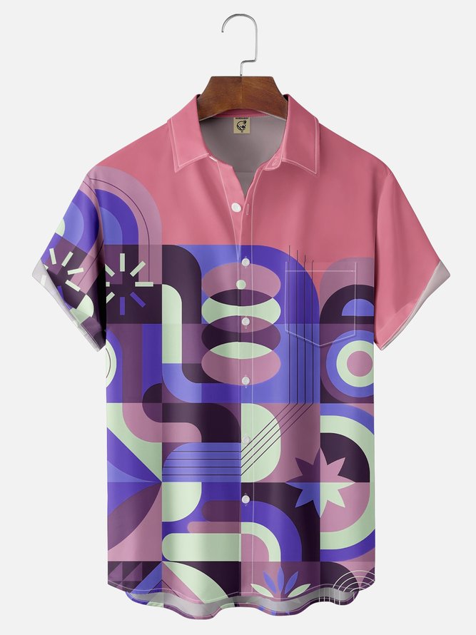 Moisture Wicking Geometric Color Block Chest Pocket Hawaiian Shirt