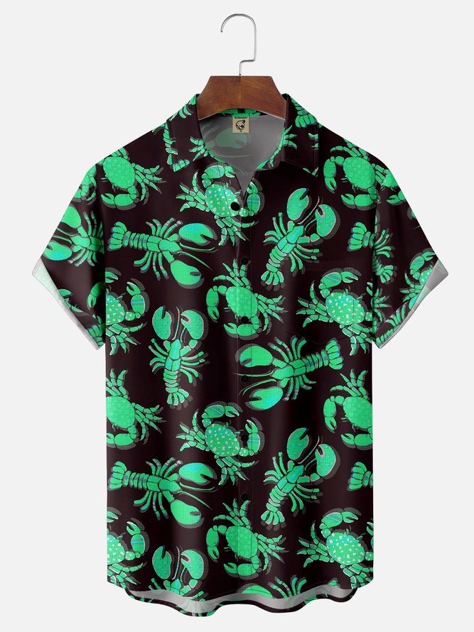 Moisture Wicking Crab Lobster Chest Pocket Hawaiian Shirt
